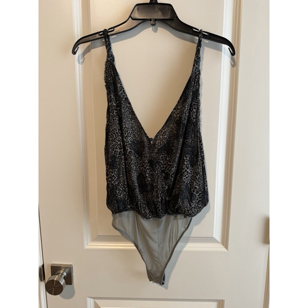 Free People Intimately Bare It All Thong Bodysuit S Gray Black Leopard Animal